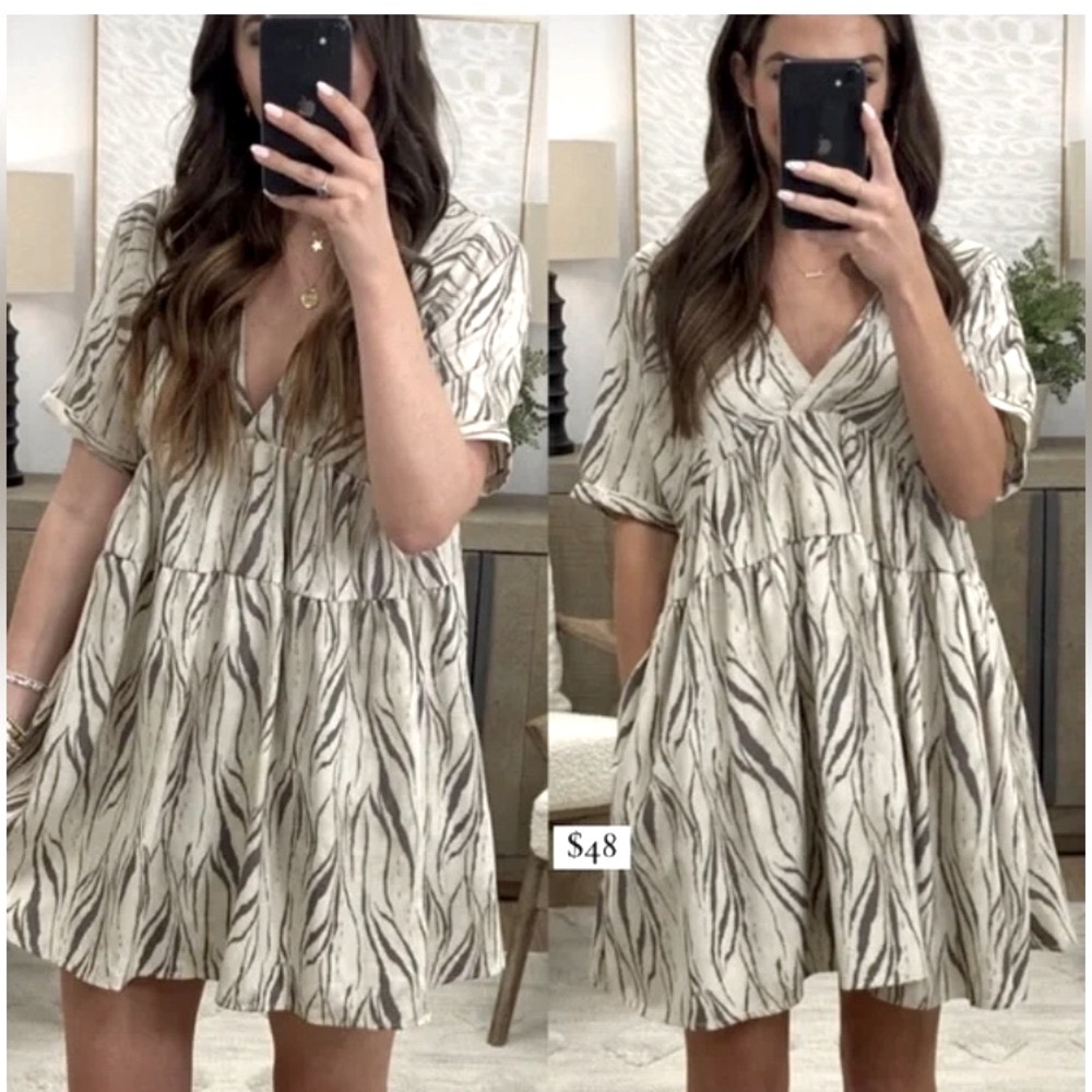 Mustard Seed Neutral casual zebra print babydoll dress